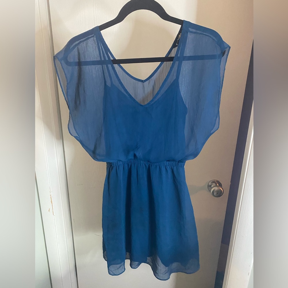 Express, Deep Teal, Tank Mini Dress with Sheer T-Shirt Dress Attached Cover, XS